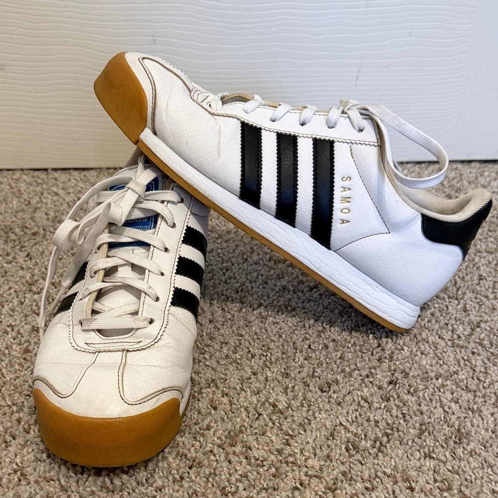 adidas White Sneakers with Black Stripes and Gum Toe Cap